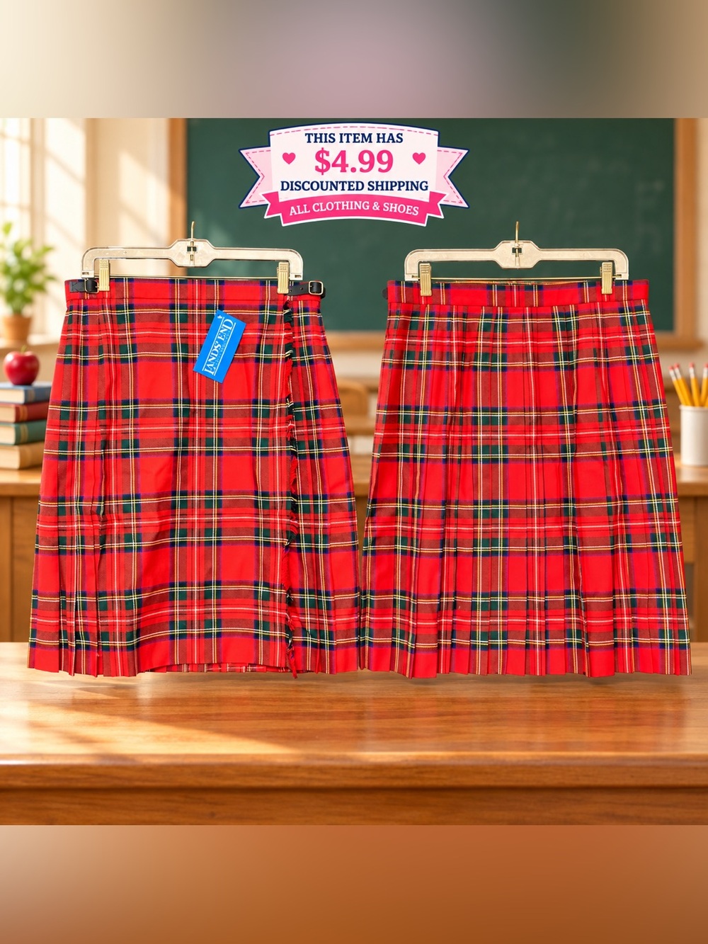 Lands’ End Red Tartan Pleated Wool Skirt – Size (14) – NWT
